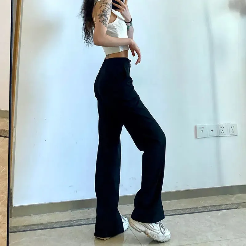 TAVIMART  -  Slit Trousers High Waist Design Women Fashion Casual Mopping Solid Basic Teens Vintage Popular Minimalist Trousers