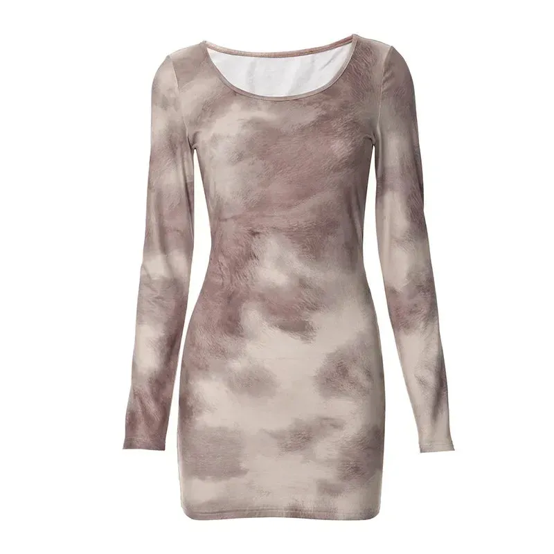 Tie-dye Prined Short Dresses for Winter for Women 2023 Fashion Casual Long Sleeve Bodycon Dress P85-BB20