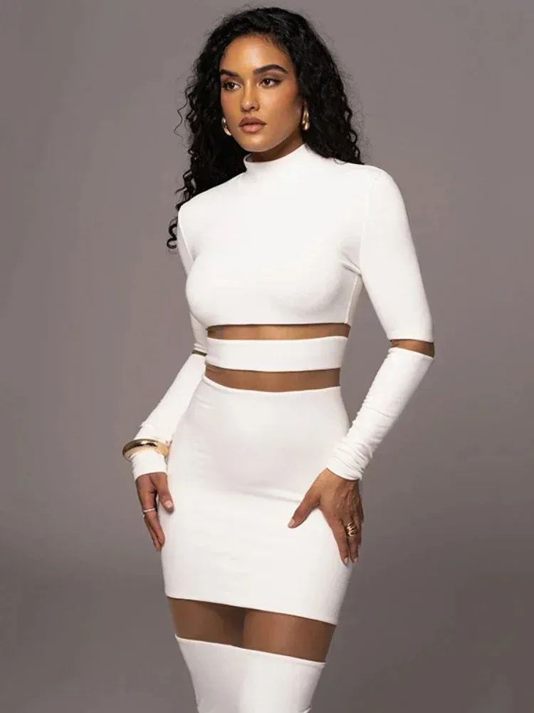 Transparent Mesh Patchwork Bodycon Long Dress Black White Sexy Elegant Evening Dresses for Women Fall 2023 C92-DC32