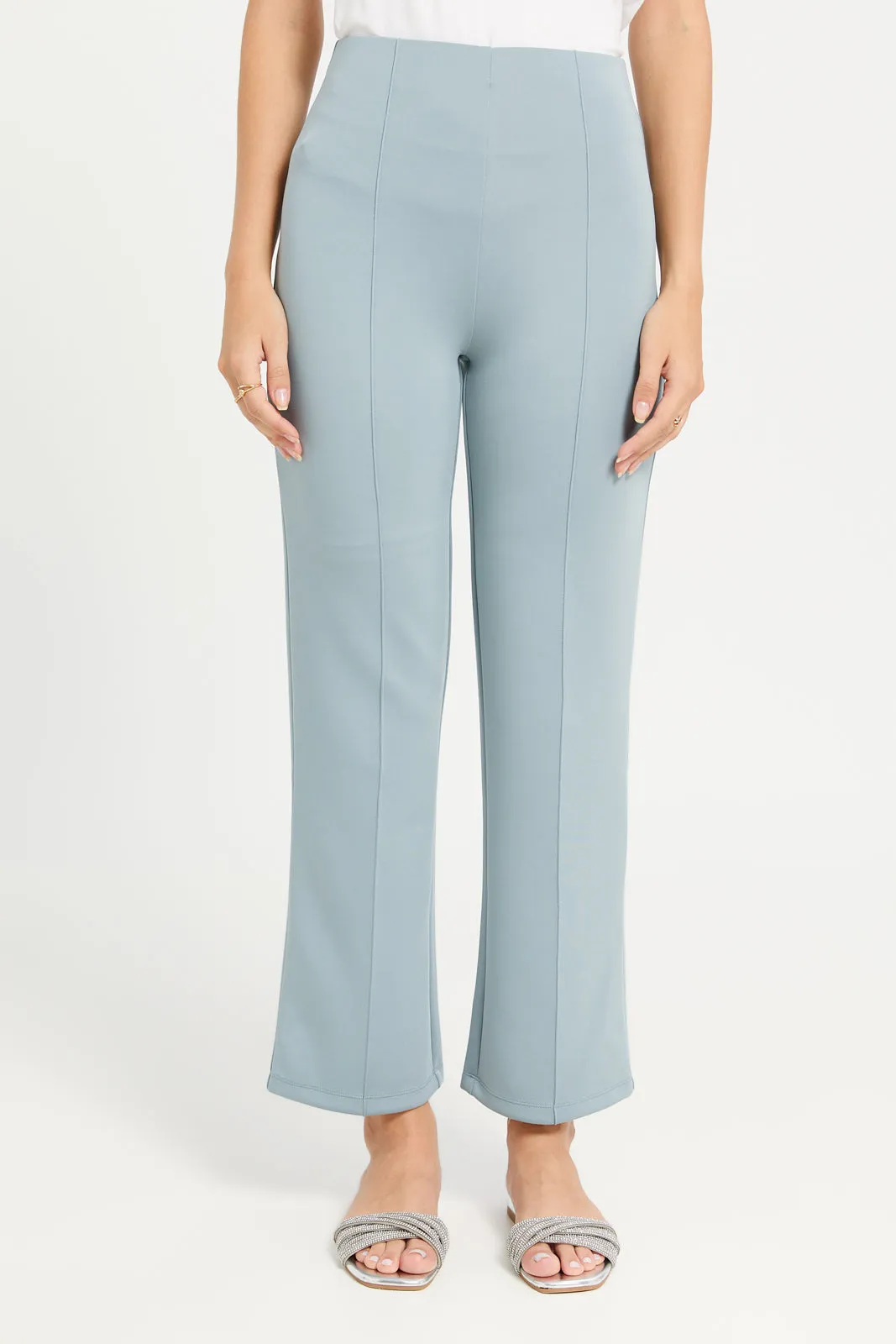 Women Blue Single Pleat Wide Leg Trouser