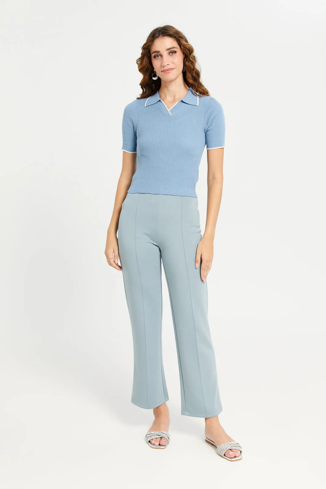 Women Blue Single Pleat Wide Leg Trouser