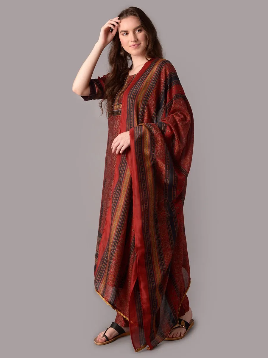 Women Maroon Ornamental Printed Kurta Trouser Dupatta