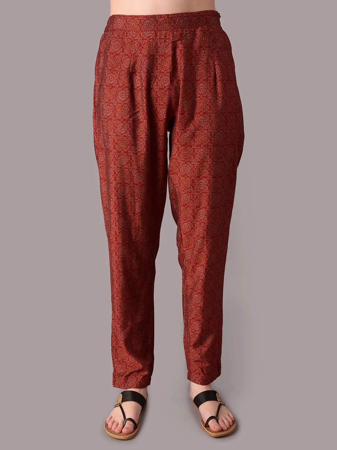 Women Maroon Ornamental Printed Kurta Trouser Dupatta