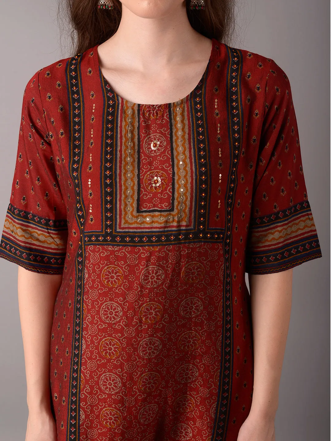 Women Maroon Ornamental Printed Kurta Trouser Dupatta