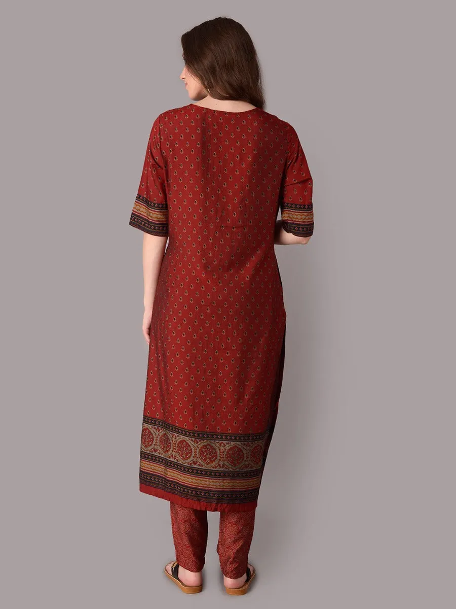 Women Maroon Ornamental Printed Kurta Trouser Dupatta