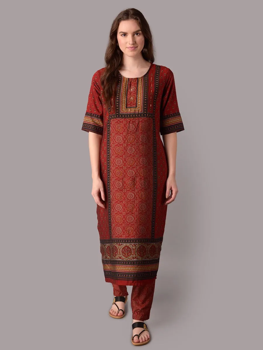 Women Maroon Ornamental Printed Kurta Trouser Dupatta