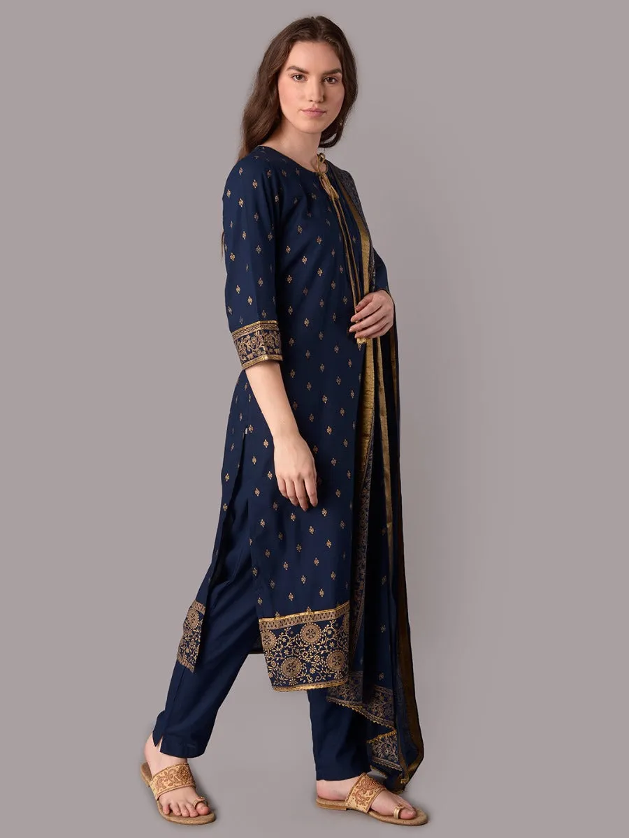 Women Navy Blue Kurta Trouser With Dupatta