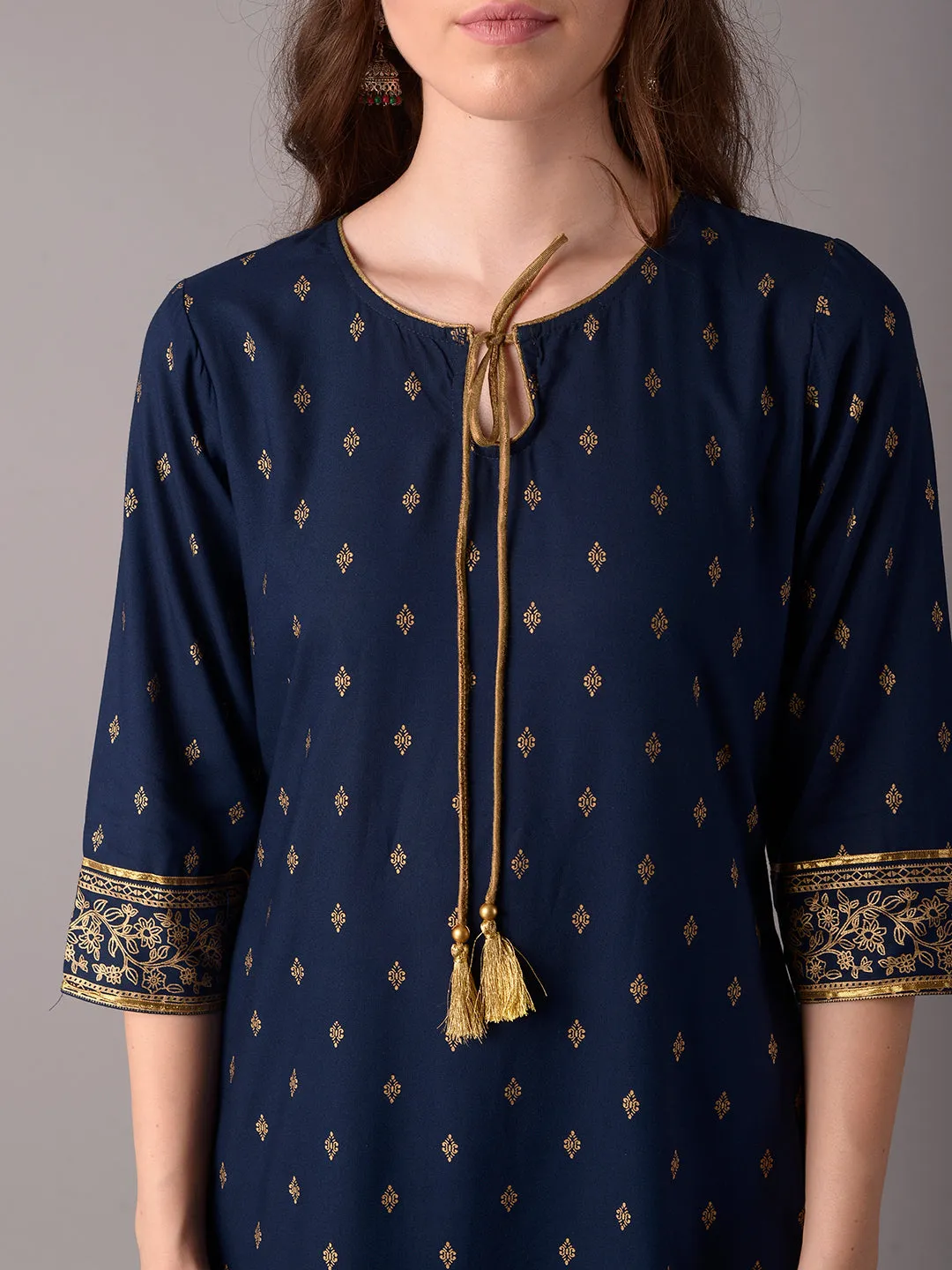 Women Navy Blue Kurta Trouser With Dupatta