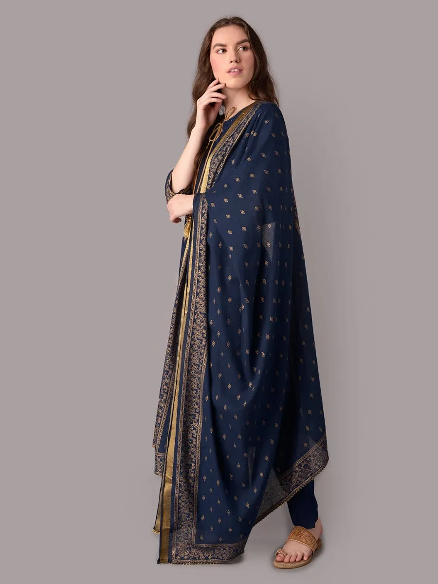 Women Navy Blue Kurta Trouser With Dupatta
