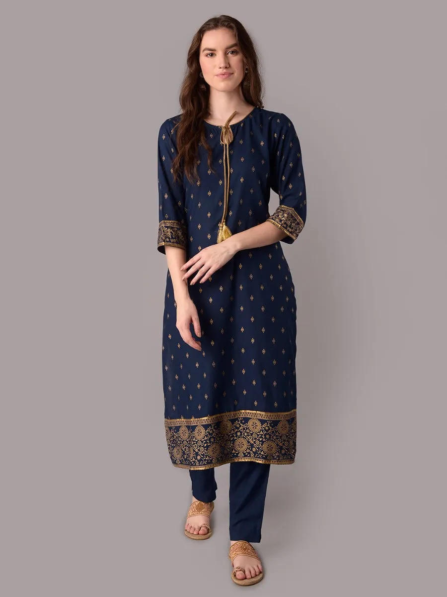 Women Navy Blue Kurta Trouser With Dupatta