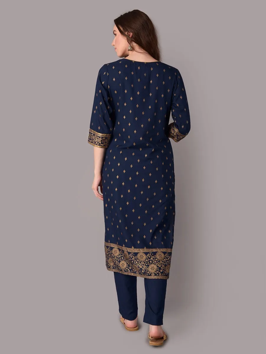 Women Navy Blue Kurta Trouser With Dupatta