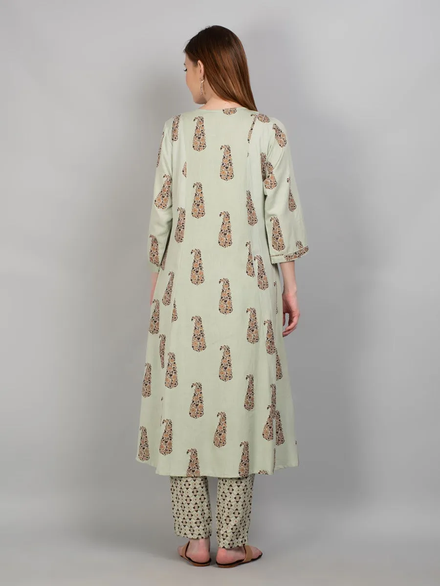 Women Pista Green Ornamental Print Kurta With Trouser