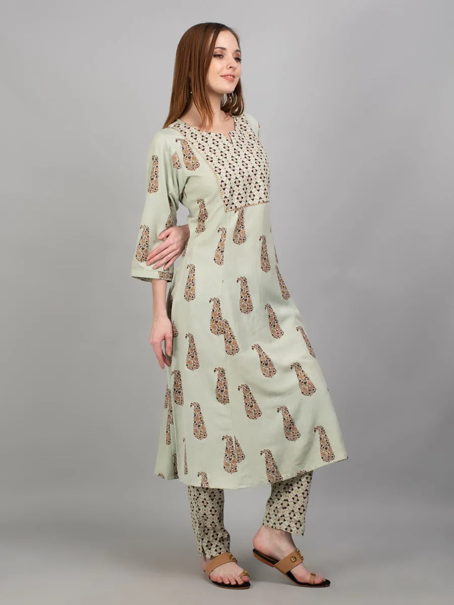 Women Pista Green Ornamental Print Kurta With Trouser