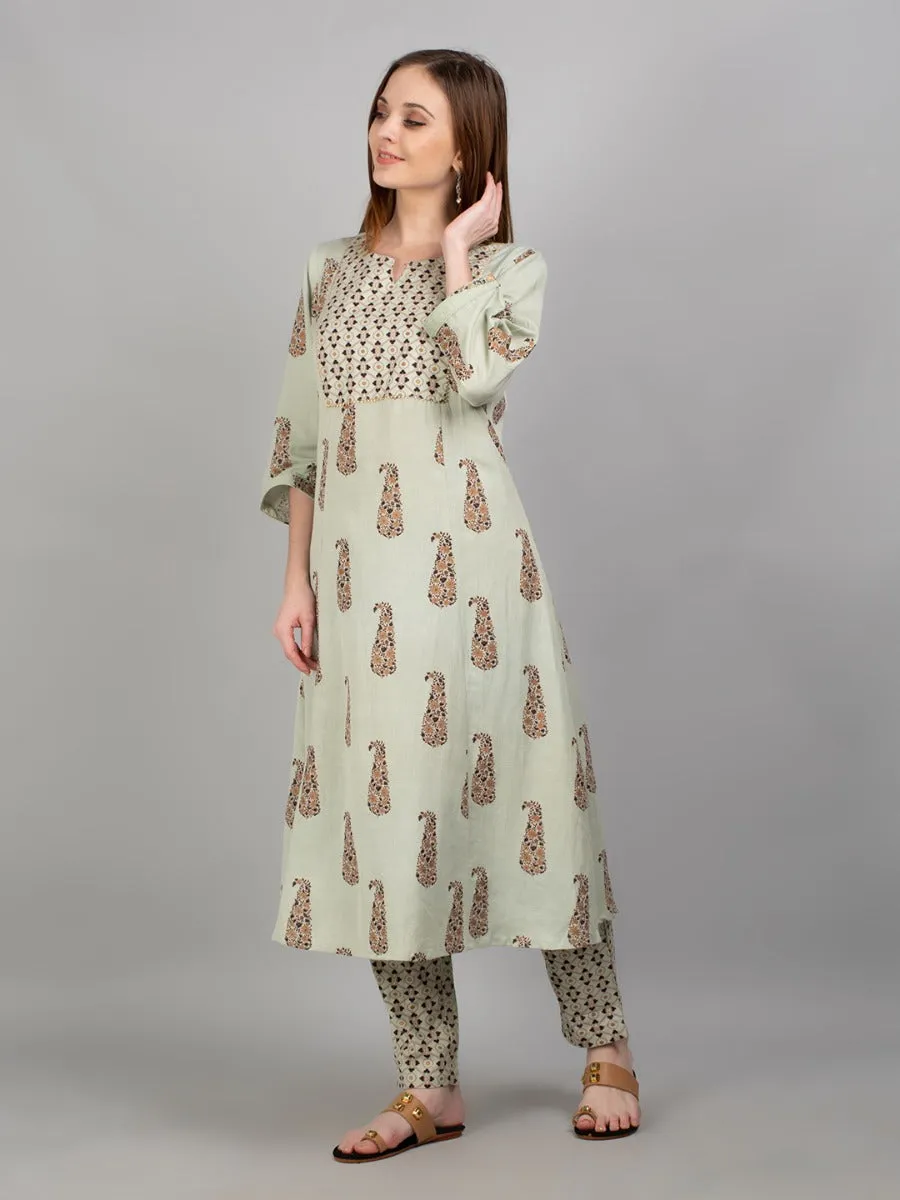 Women Pista Green Ornamental Print Kurta With Trouser