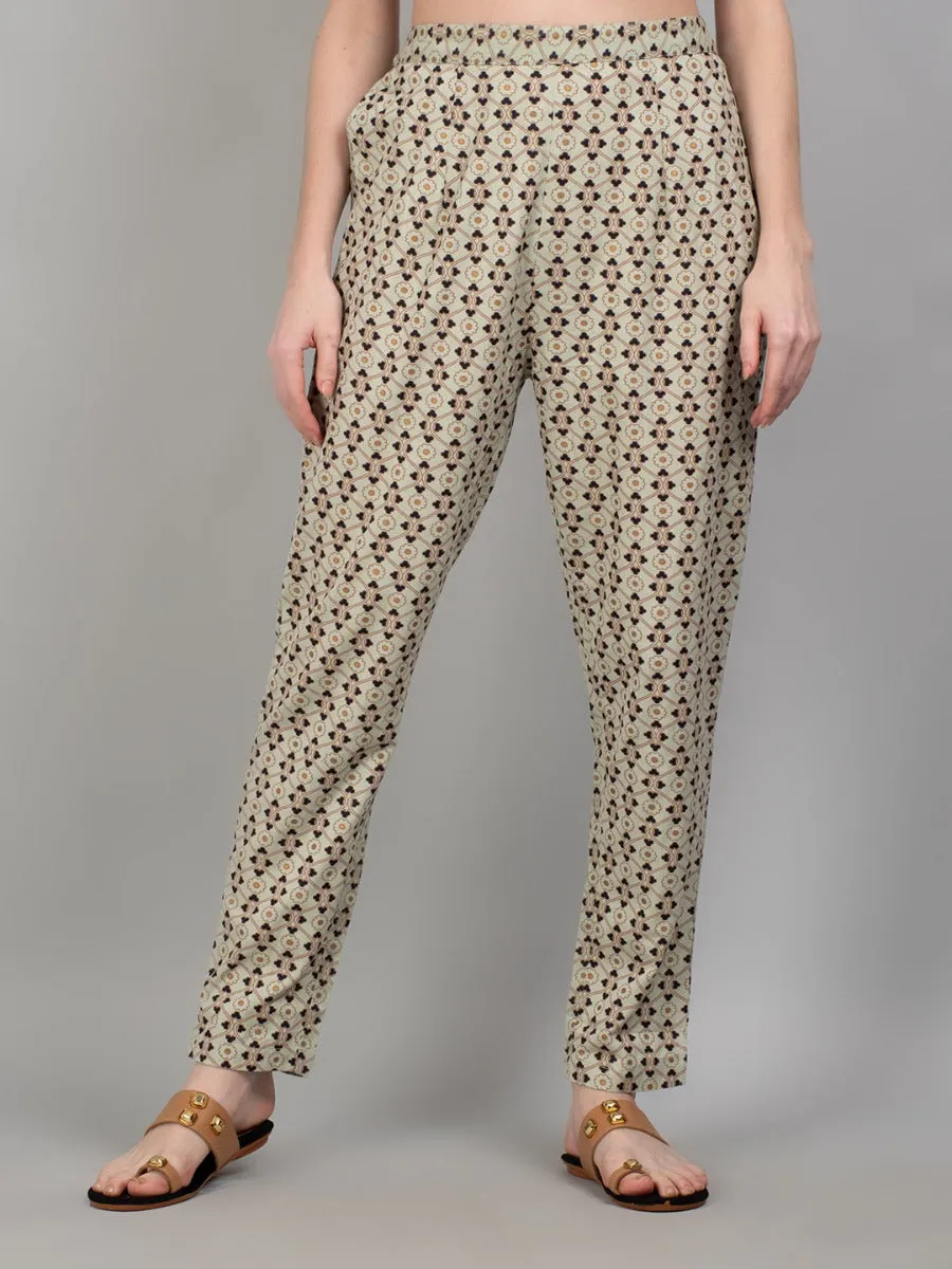 Women Pista Green Ornamental Print Kurta With Trouser