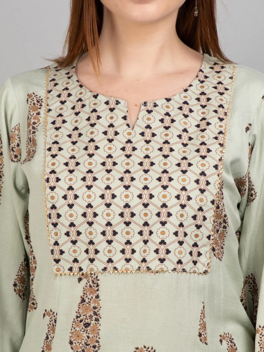 Women Pista Green Ornamental Print Kurta With Trouser