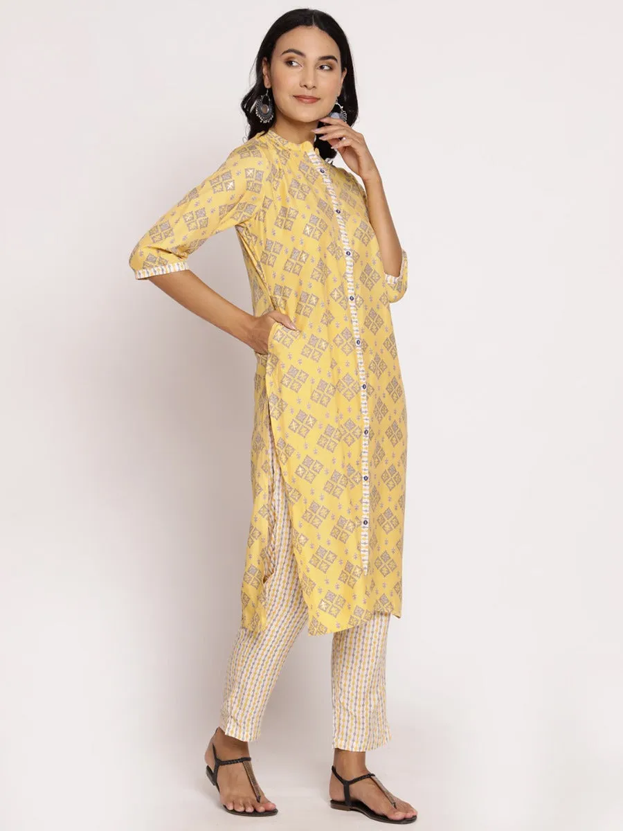 Women Yellow Ornamental Printed Kurta With Trouser