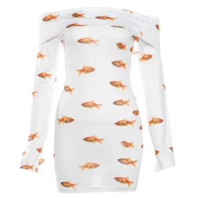 Y2k Cute Printed White See Thru Dress Casual Off Shoulder Long Sleeve Bodycon Mini Dresses for Women Fall 2023 P71BD18