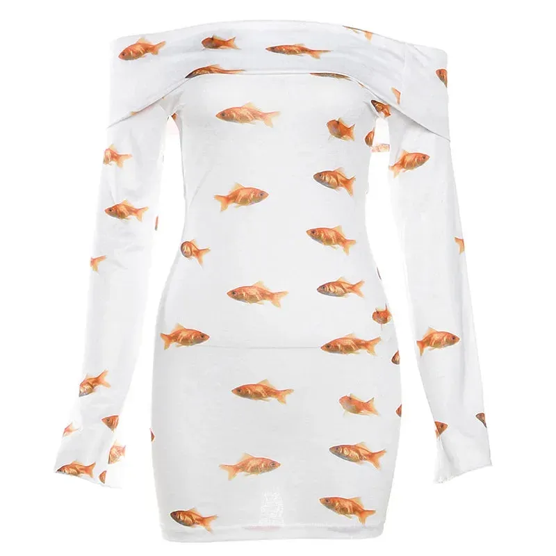 Y2k Cute Printed White See Thru Dress Casual Off Shoulder Long Sleeve Bodycon Mini Dresses for Women Fall 2023 P71BD18