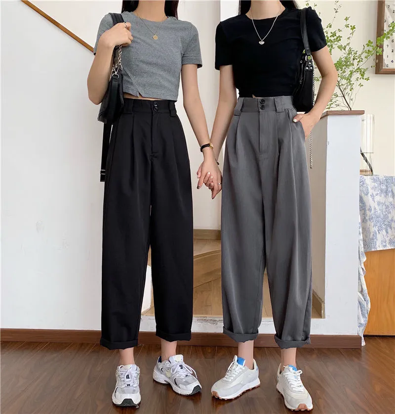 Yeknu Pants Women All-match Basic Summer BF Style Minimalist Ladies Ankle-Length Trousers Wide-leg Chic Leisure Popular Womens Pant