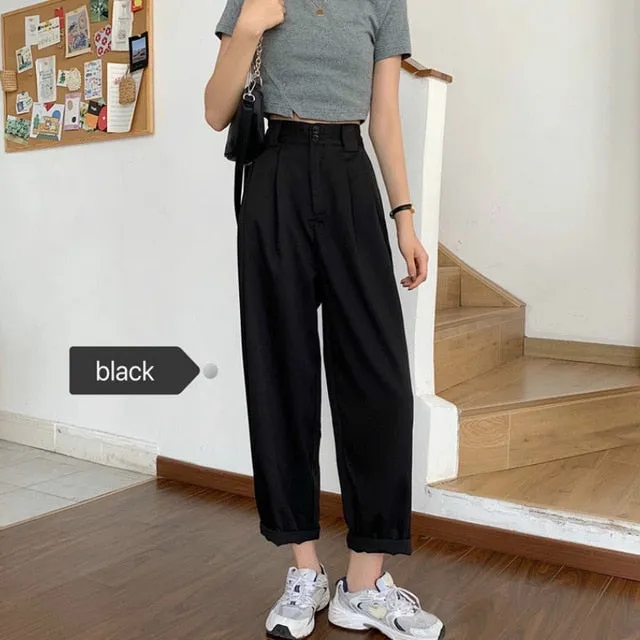 Yeknu Pants Women All-match Basic Summer BF Style Minimalist Ladies Ankle-Length Trousers Wide-leg Chic Leisure Popular Womens Pant